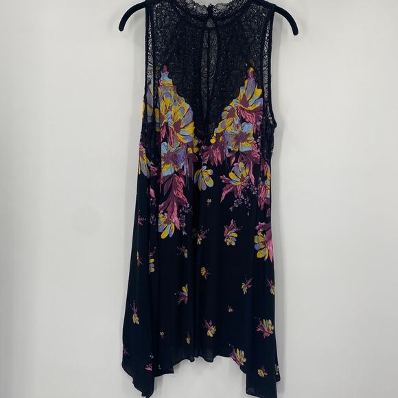 Free People Marsha Printed Mini Slip Dress Lace Neckline Sleeveless Black Pink L - Picture 2 of 7
